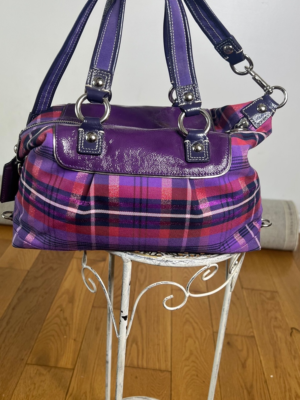 Coach Purple Plaid Satchel with Pink Accents - Picture 8 of 10